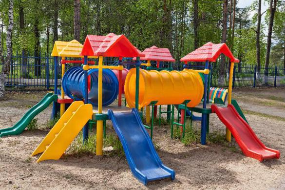 Elderly lady destroys children's playground because of noisy children. Lady removes playground