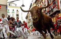 Bulls running in Pamplona gore 1 man on the way to the ring