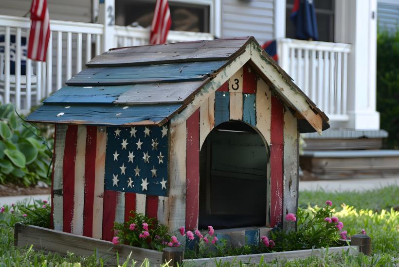 Doghouse painted as US flag