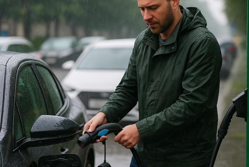 A man charging his electric car in the rain